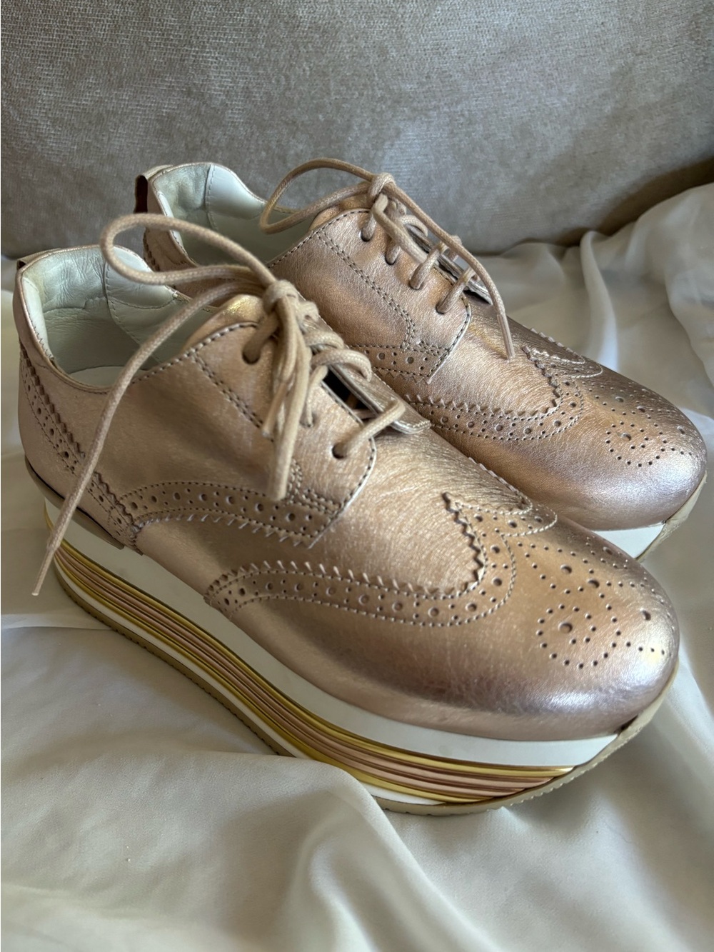 Hogan Rose Gold Italian Leather Euro Platform Wingtip Oxford Lace Up Sneakers 4